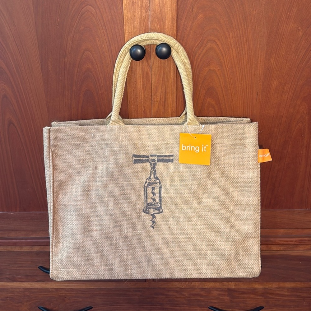 NWT Bring It Burlap Tote with Wine Corkscrew Print